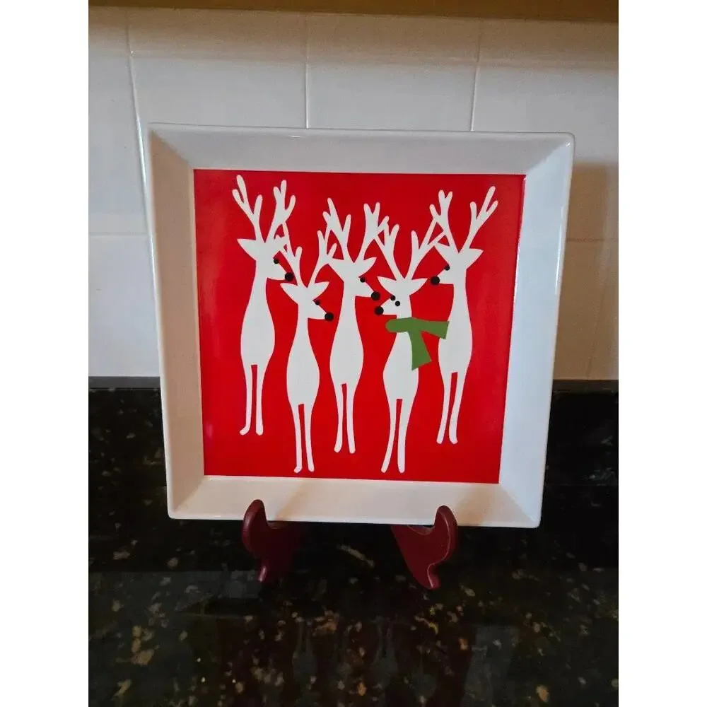 Crate & Barrel Festive Reindeer Square Serving Tray